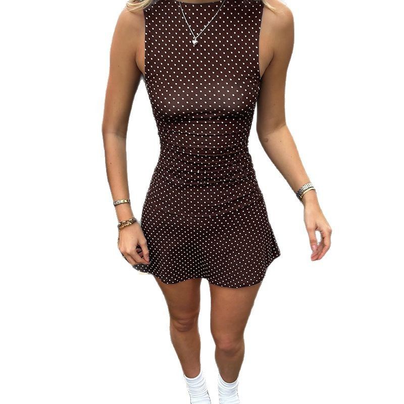 Amazon Europe and America Women's Polka Dot Dress Summer Sleeveless Casual Hot Girl Mini Waist-Cinching Short Skirt Sexy