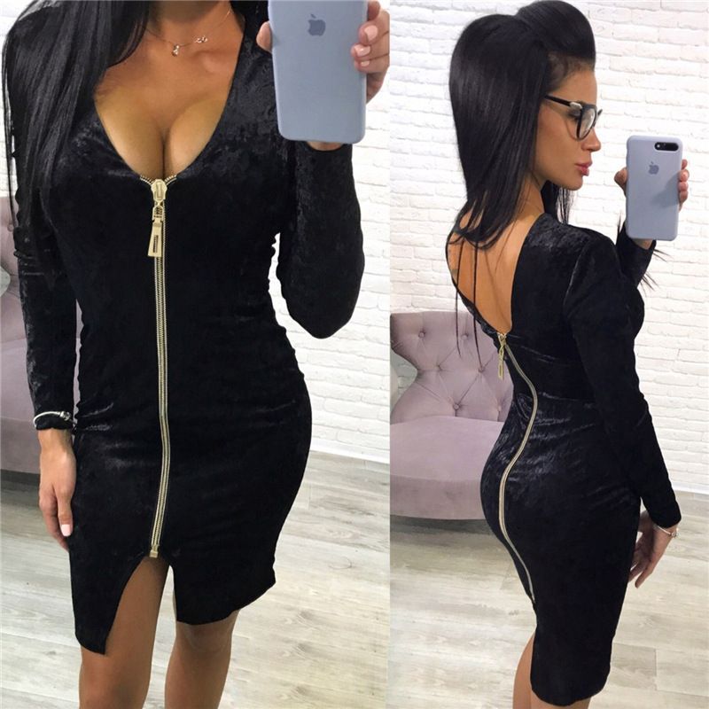 Sexy Dress V-neck Gold Diamond Velvet Bodycon Mini Skirt Night Club Dress