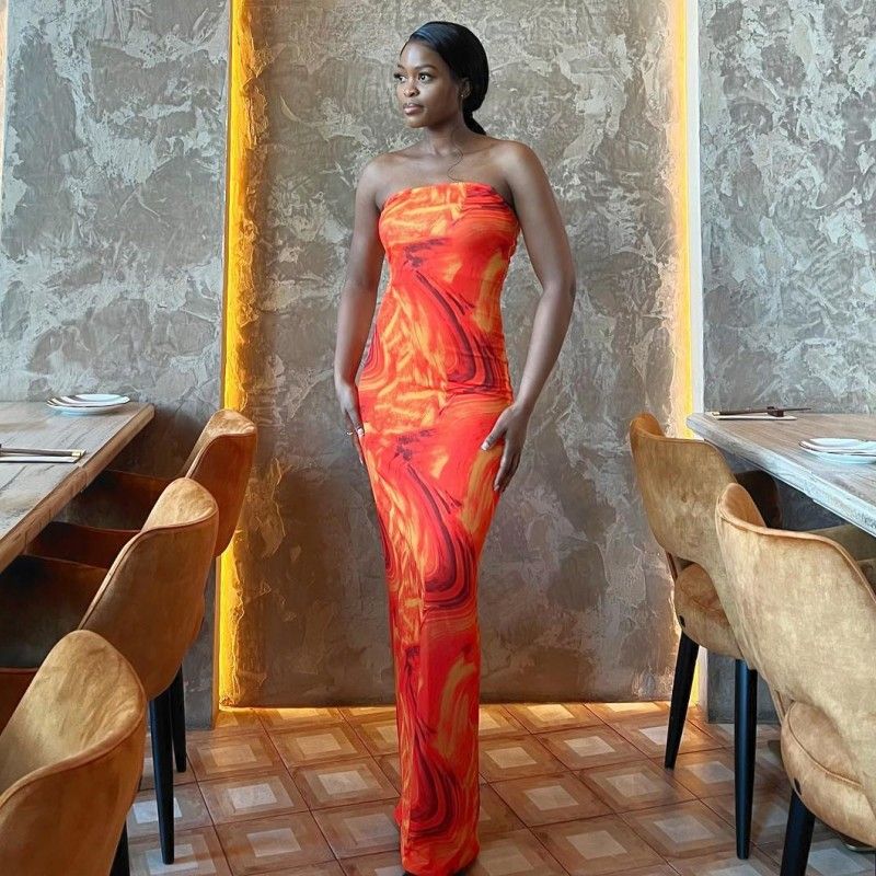 A503DS Special Price European and American Cross-Border Summer New Fashion Sleeveless Bustier Print Slim Long Bodycon Dress