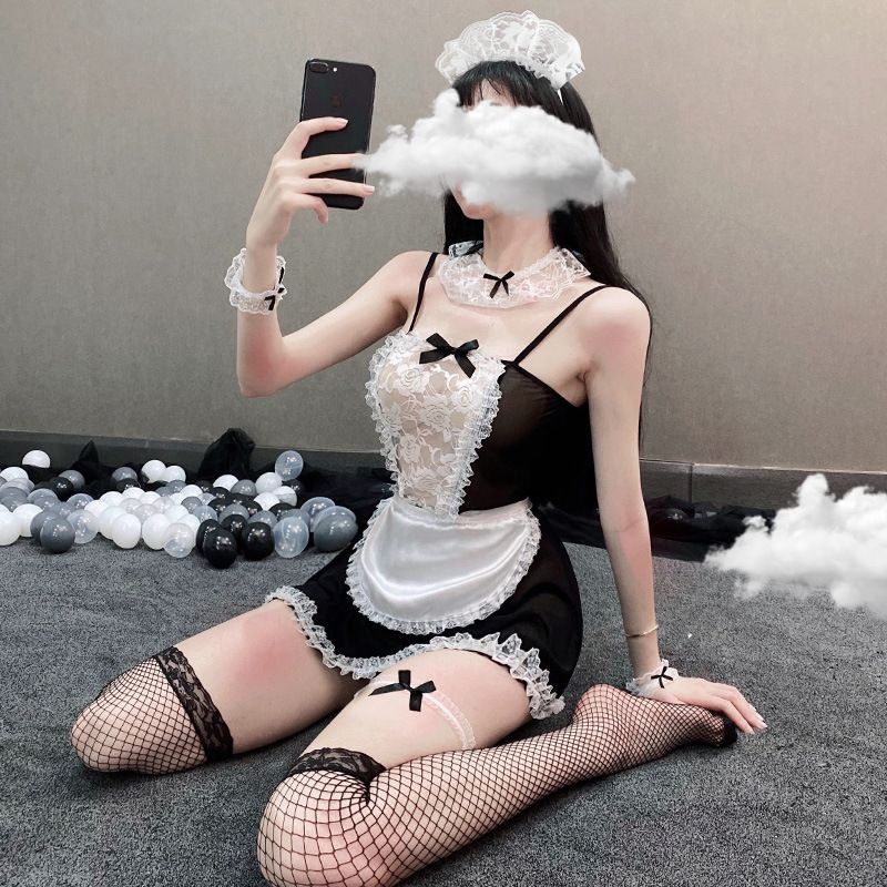 Large size erotic lingerie, sexy maid outfit, maid uniform role-playing lace hollow out set, female hair accessory 7146