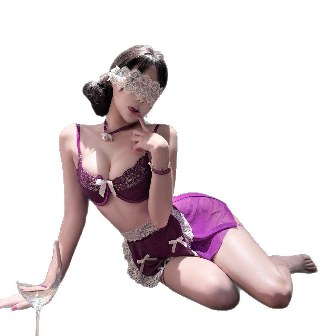 Night romance lace lace lingerie maid set sexy temptation perspective mesh three-point bed