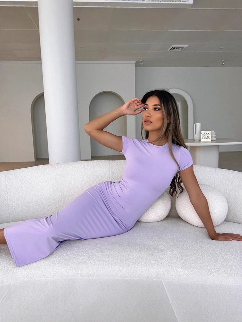 New Street Trendy Solid Color Dress Round Neck Long Dress Foreign Trade Women's Clothing European and American Style Fashion Dress
