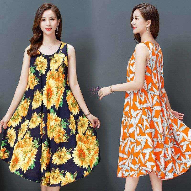 Large-size cotton poplin vest dress summer new ethnic style women's clothing literary retro print sleeveless flare maxi dress