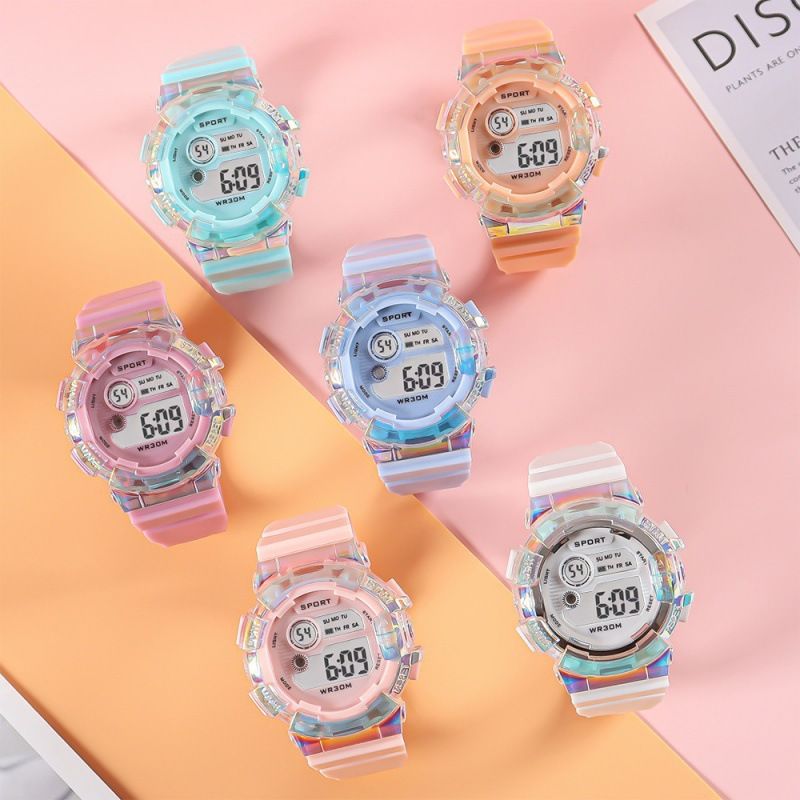 Hot selling new student electronic watch macaron gradient color watch outdoor waterproof multifunctional sports electronic watch white AS PICTURE