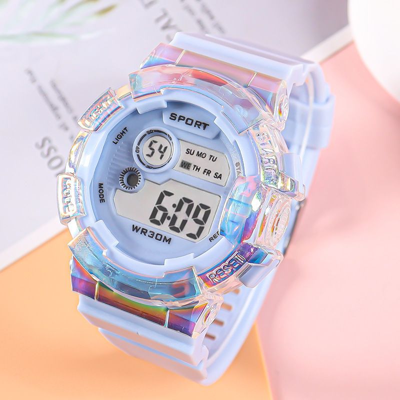 Hot selling new student electronic watch macaron gradient color watch outdoor waterproof multifunctional sports electronic watch white AS PICTURE
