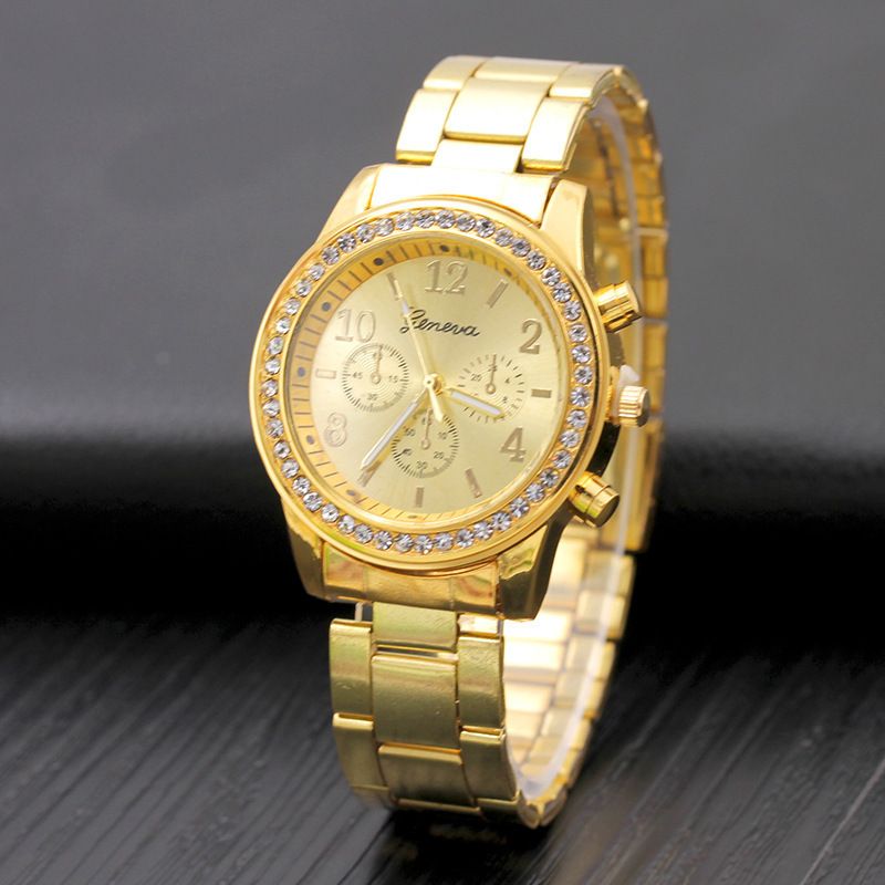 Cross border new Geneva watch with diamond studded alloy steel strip watch for women, women's quartz watch Geneva Watc golden AS PICTURE