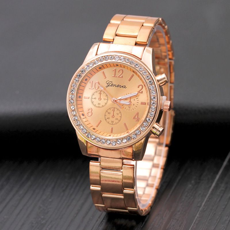 Cross border new Geneva watch with diamond studded alloy steel strip watch for women, women's quartz watch Geneva Watc golden AS PICTURE