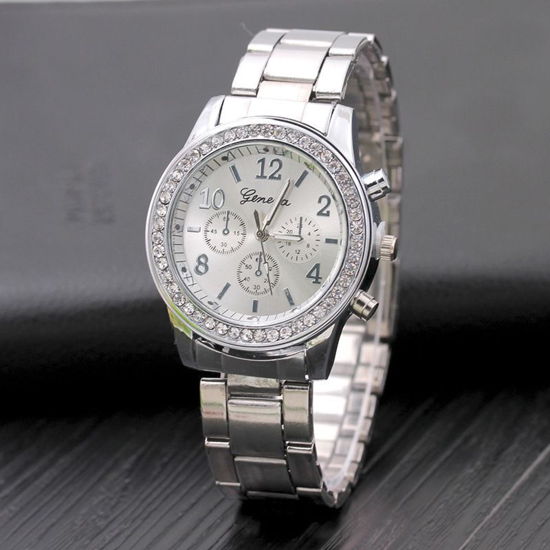 Cross border new Geneva watch with diamond studded alloy steel strip watch for women, women's quartz watch Geneva Watc golden AS PICTURE