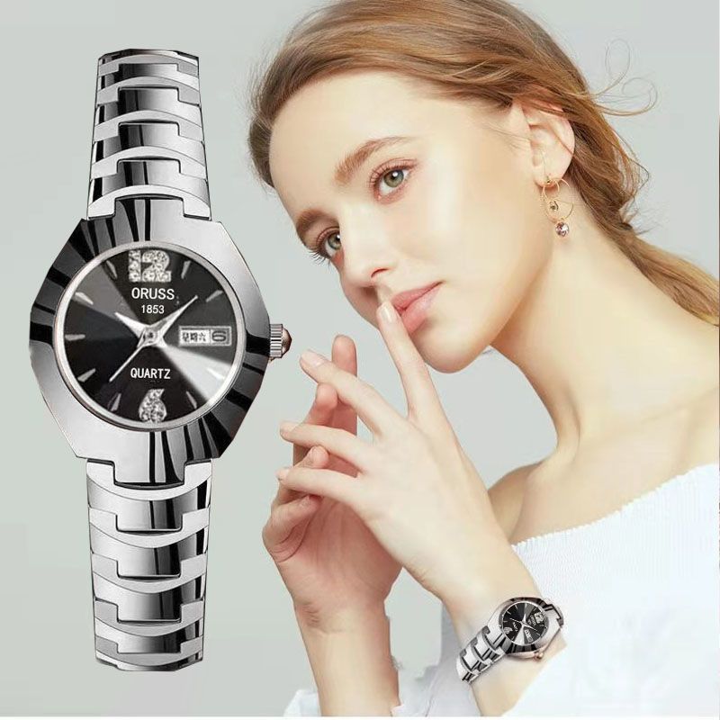 Watch for girls, fashionable trend, waterproof, luminous, simple temperament, steel strip, dual calendar, quartz watch, women's one-piece hair collection Style_1 AS PICTURE