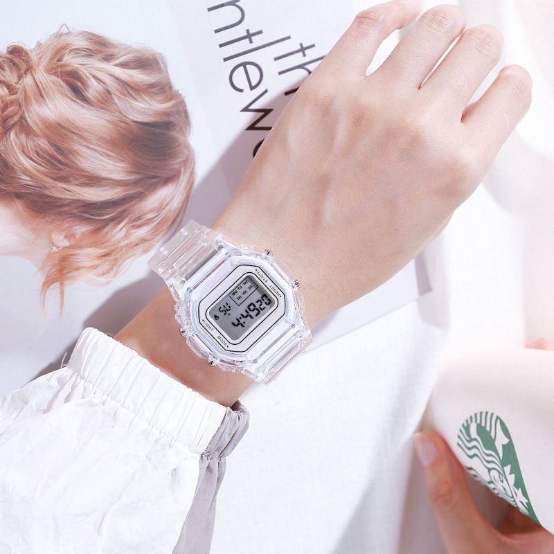Manufacturer's internet celebrity hot selling sports transparent small square ins electronic watch female student waterproof LED watch white AS PICTURE