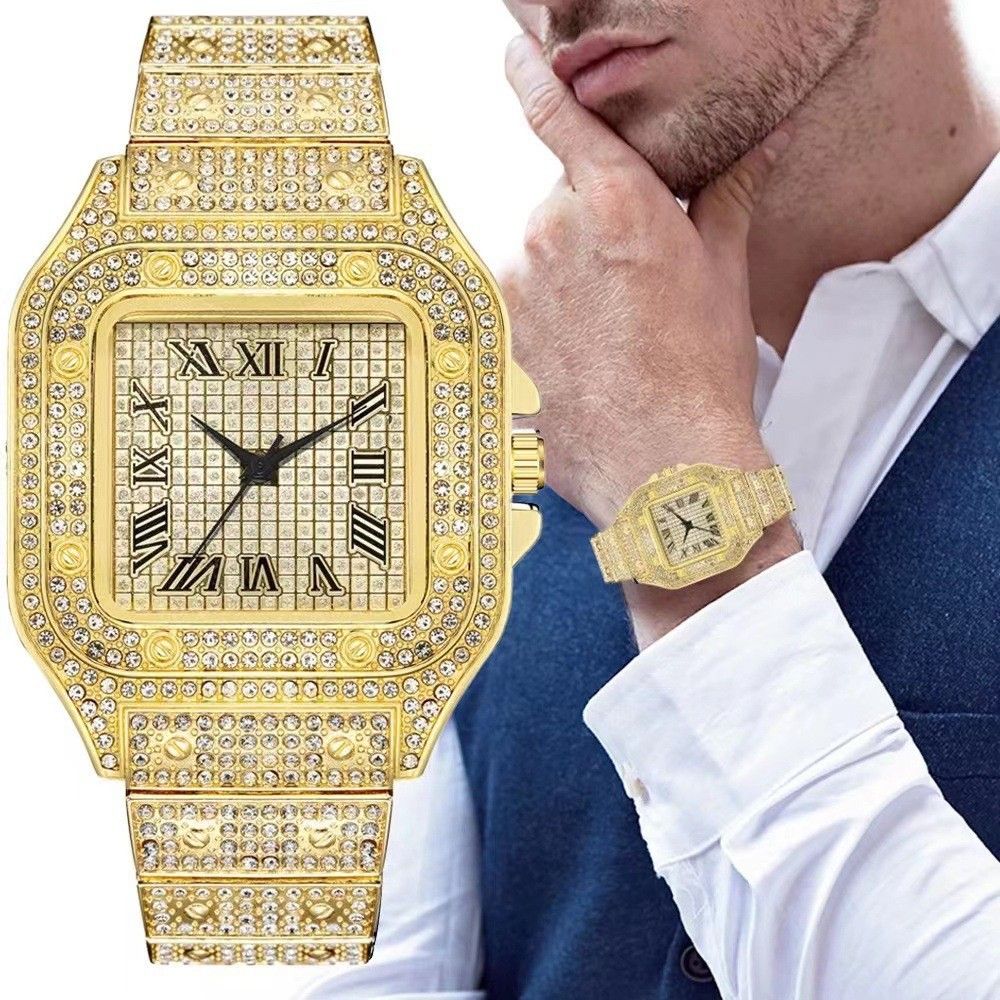 Cross border square watch with starry steel strip inlaid with diamonds, European and American men's Roman scale, starry fashion quartz watch golden AS PICTURE