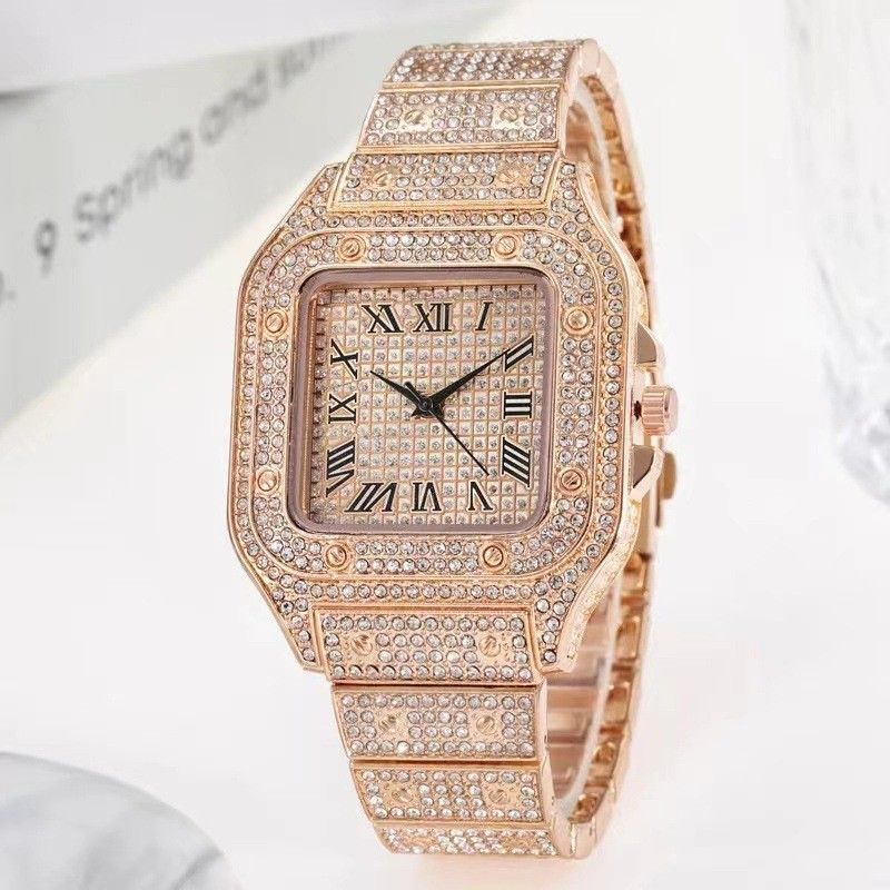 Cross border square watch with starry steel strip inlaid with diamonds, European and American men's Roman scale, starry fashion quartz watch golden AS PICTURE