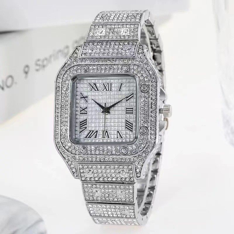 Cross border square watch with starry steel strip inlaid with diamonds, European and American men's Roman scale, starry fashion quartz watch golden AS PICTURE