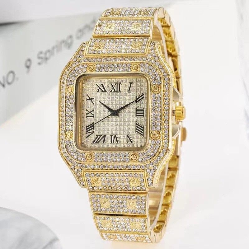 Cross border square watch with starry steel strip inlaid with diamonds, European and American men's Roman scale, starry fashion quartz watch golden AS PICTURE