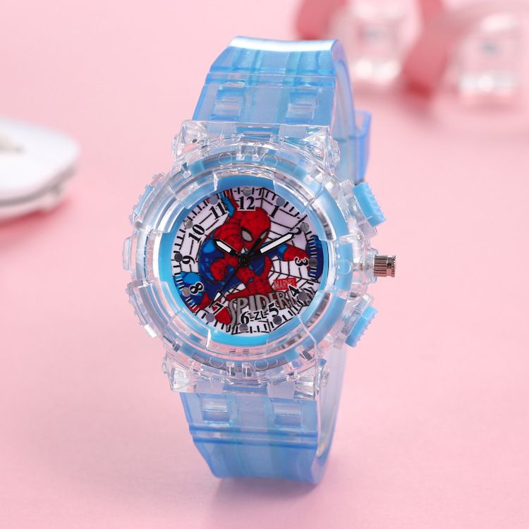 Cross border Marvel Spider Man Children's Watch Colorful LED Flashing Light Pointer Word Recognition Boy Quartz Watch Manufacturer A AS PICTURE