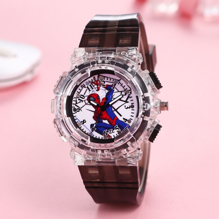 Cross border Marvel Spider Man Children's Watch Colorful LED Flashing Light Pointer Word Recognition Boy Quartz Watch Manufacturer A AS PICTURE