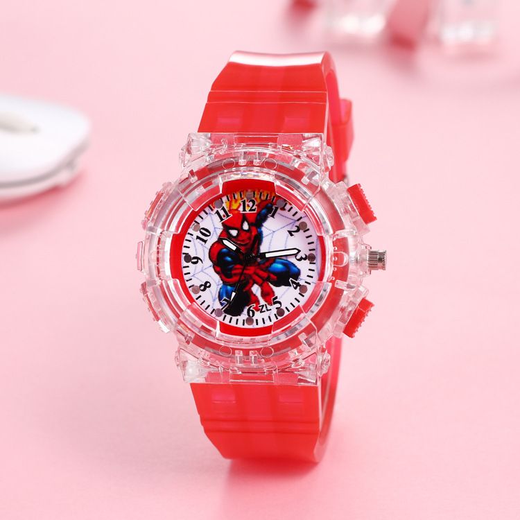 Cross border Marvel Spider Man Children's Watch Colorful LED Flashing Light Pointer Word Recognition Boy Quartz Watch Manufacturer A AS PICTURE