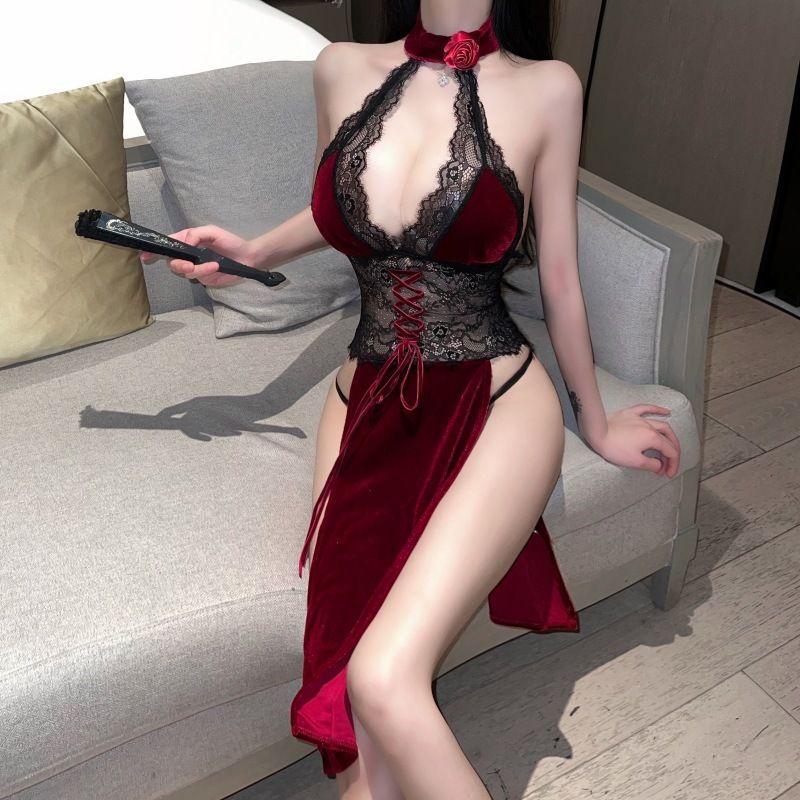 Sexy lingerie cheongsam high slit gold velvet slim fitting sexy pajamas hot bed uniform tempting passion set