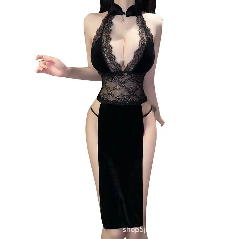 Sexy lingerie cheongsam high slit gold velvet slim fitting sexy pajamas hot bed uniform tempting passion set