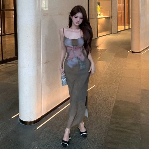American Retro Style Butterfly Print Strapless Dress Women Summer Sexy Hot Girl Waist-Cinching Dress Long Skirt
