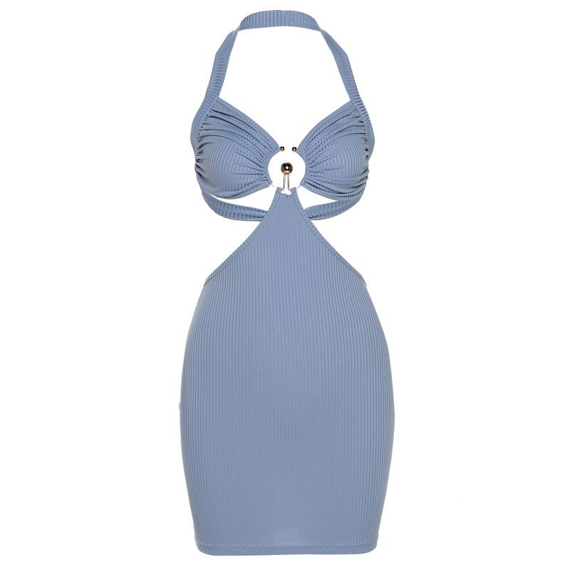 Cross-border European and American style summer women's solid color slim fit high waist fashion hollow backless dress spicy girl fashion temperament