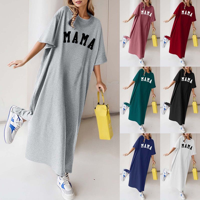 Cross-border European and American women's clothing dress letter print spring and summer short-sleeved t-shirt plus size long t-shirt loose knee-length dress