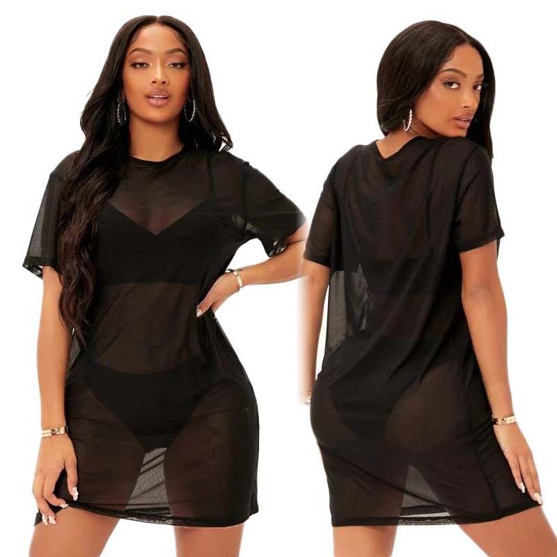 European and American women's clothing cross-border Amazon sexy see-through dress black temperament commuting hollow mesh skirt women's ready-to-wear