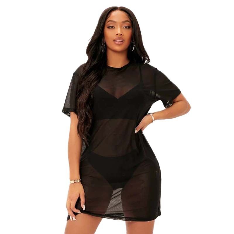 European and American women's clothing cross-border Amazon sexy see-through dress black temperament commuting hollow mesh skirt women's ready-to-wear
