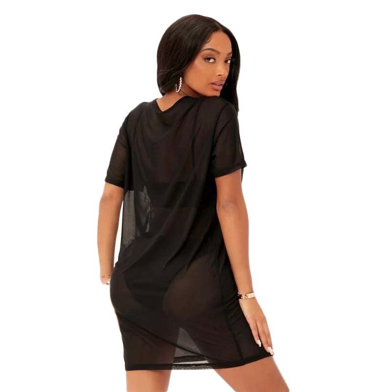 European and American women's clothing cross-border Amazon sexy see-through dress black temperament commuting hollow mesh skirt women's ready-to-wear