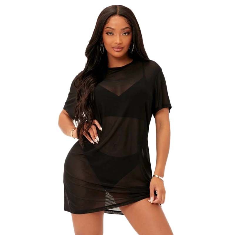 European and American women's clothing cross-border Amazon sexy see-through dress black temperament commuting hollow mesh skirt women's ready-to-wear