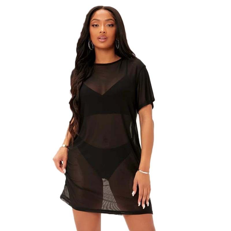 European and American women's clothing cross-border Amazon sexy see-through dress black temperament commuting hollow mesh skirt women's ready-to-wear