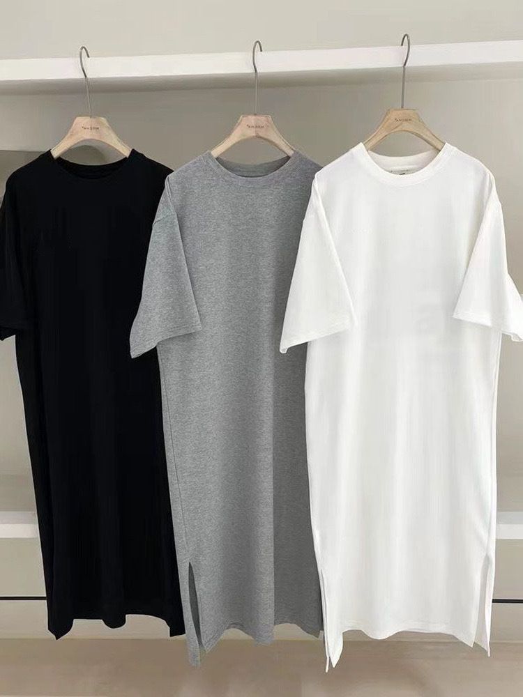 European Station Solid Color Round Neck Short Sleeve T-Shirt Dress Women Summer New Loose Lazy Style Midi Dress