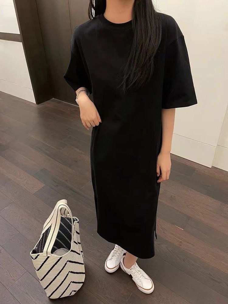 European Station Solid Color Round Neck Short Sleeve T-Shirt Dress Women Summer New Loose Lazy Style Midi Dress