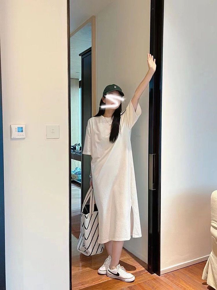 European Station Solid Color Round Neck Short Sleeve T-Shirt Dress Women Summer New Loose Lazy Style Midi Dress