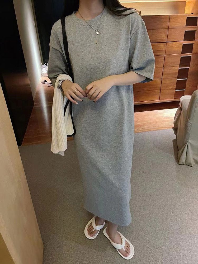 European Station Solid Color Round Neck Short Sleeve T-Shirt Dress Women Summer New Loose Lazy Style Midi Dress