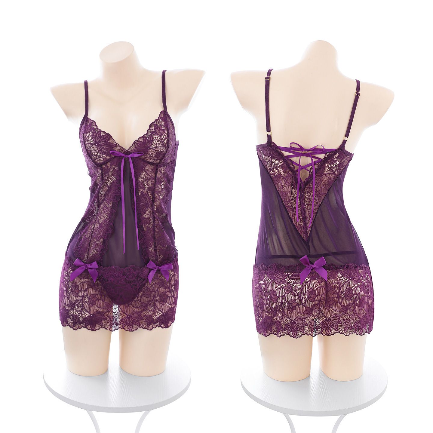 Feimu sexy lingerie sexy lace deep V-groove see through nightgown flirtatious and pure desire suspender sleepwear 7801