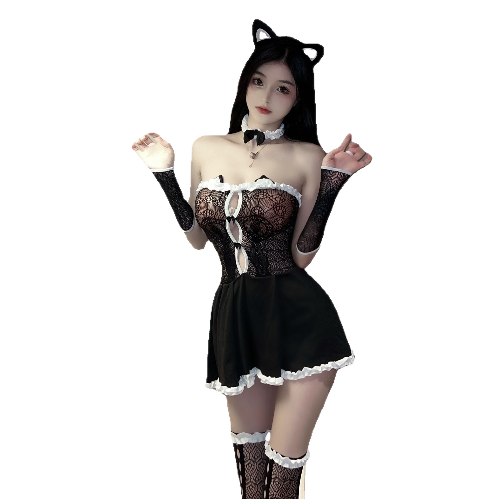 Sexy lingerie maid cat girl nightgown uniform seductive lace strapless see through patchwork mesh suit
