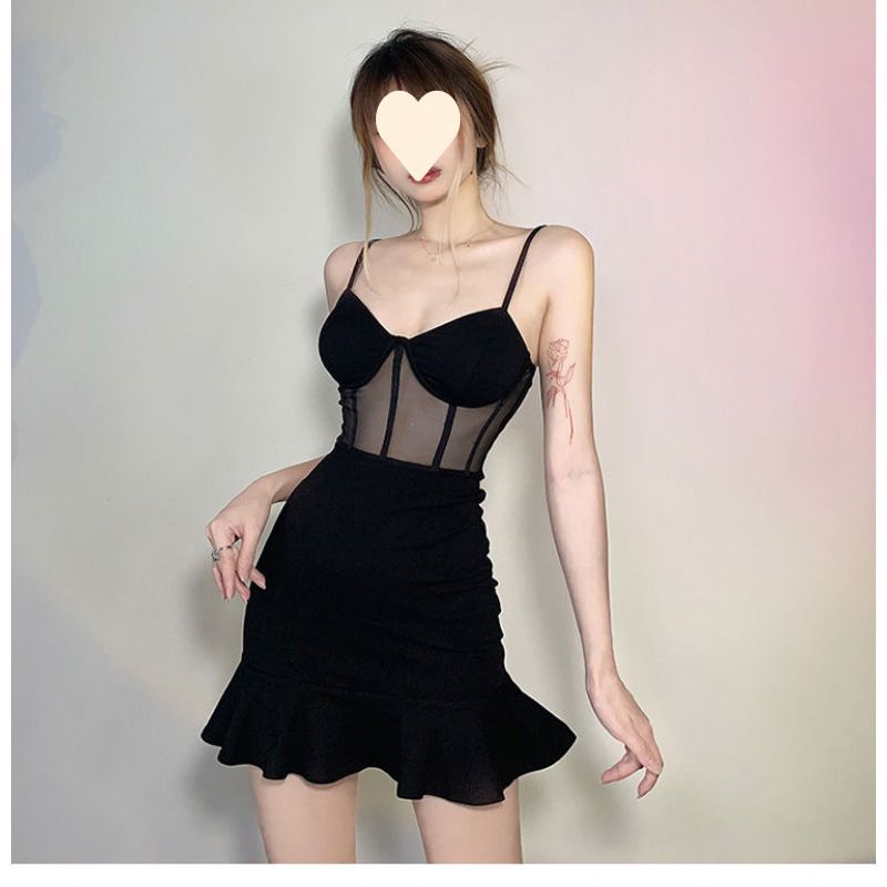 European-style spicy girl style sexy black mesh spliced camisole dress women's design sense temperament fishtail spicy girl short skirt