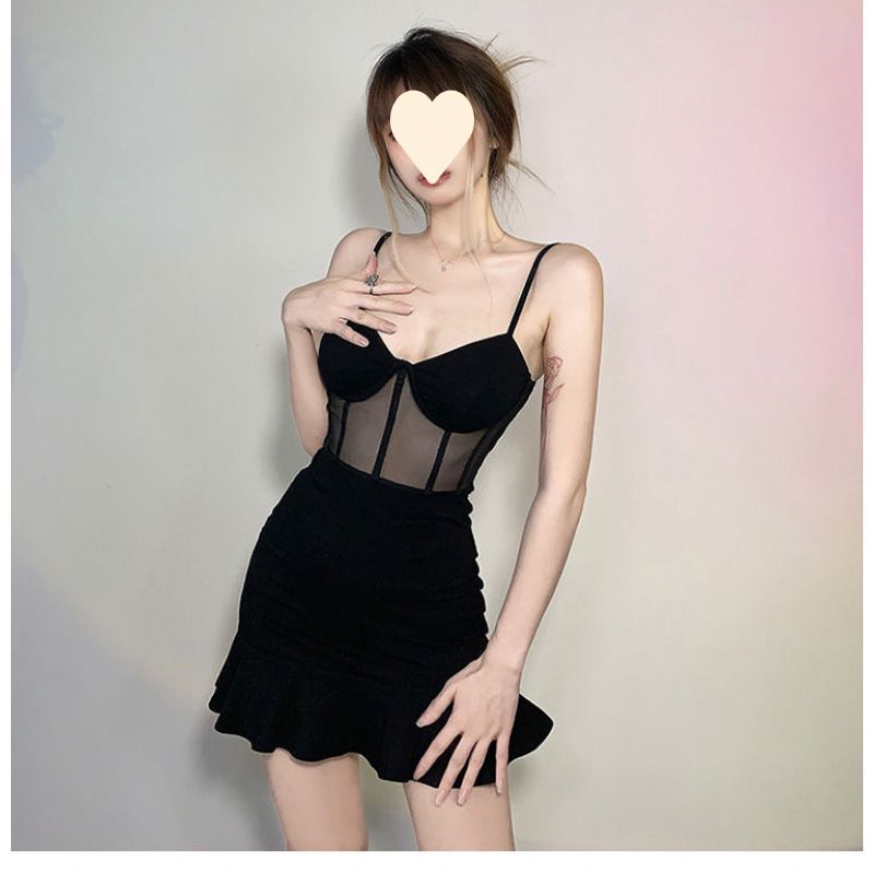 European-style spicy girl style sexy black mesh spliced camisole dress women's design sense temperament fishtail spicy girl short skirt