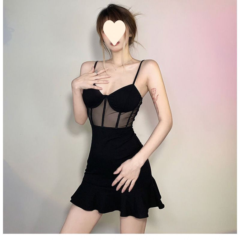 European-style spicy girl style sexy black mesh spliced camisole dress women's design sense temperament fishtail spicy girl short skirt