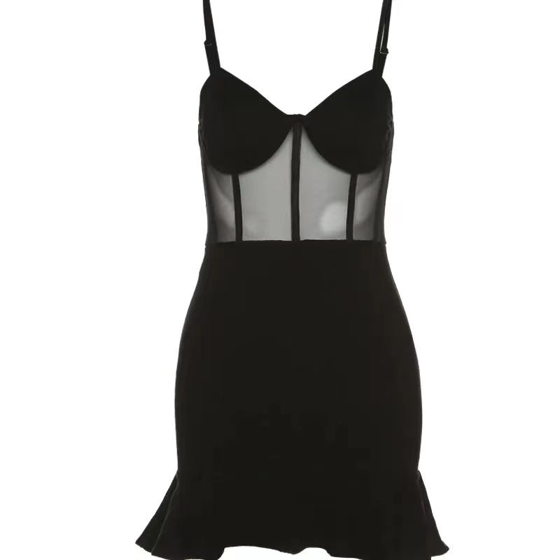 European-style spicy girl style sexy black mesh spliced camisole dress women's design sense temperament fishtail spicy girl short skirt