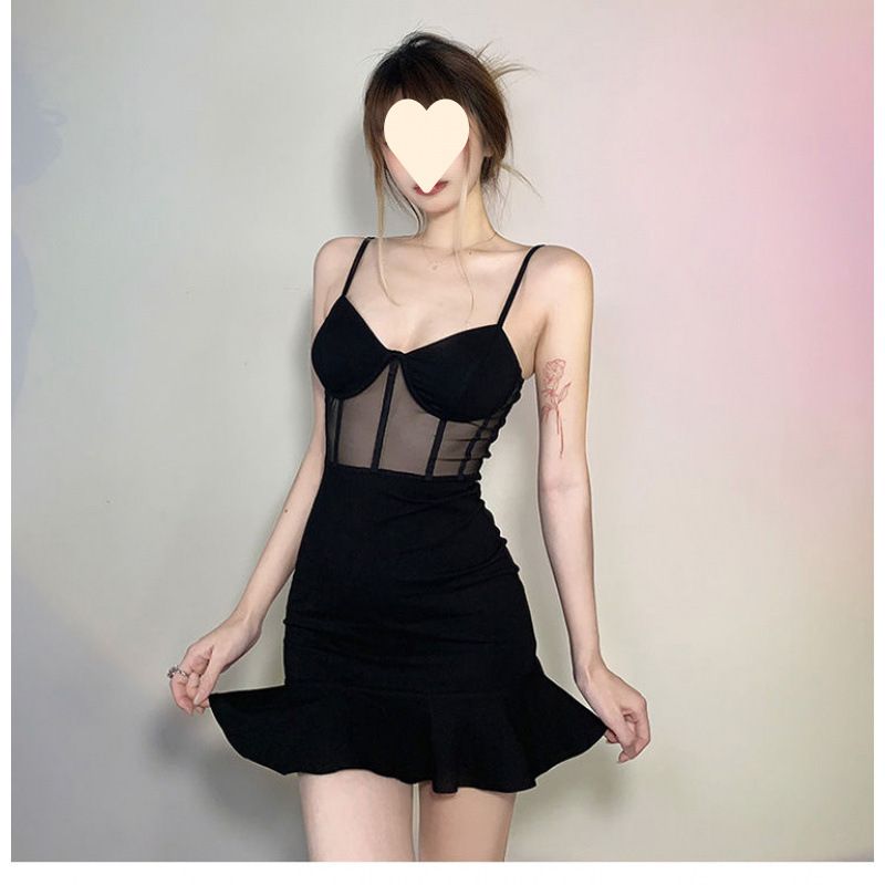 European-style spicy girl style sexy black mesh spliced camisole dress women's design sense temperament fishtail spicy girl short skirt