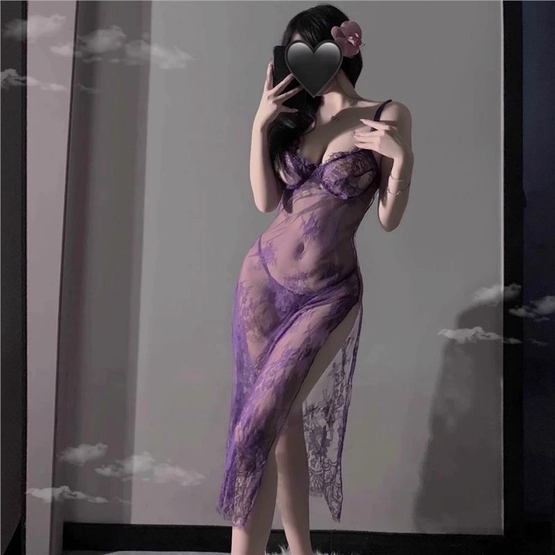 Purple erotic lingerie suspender pajama women's set sexy transparent lace uniform tempting slit long skirt small chest outfit