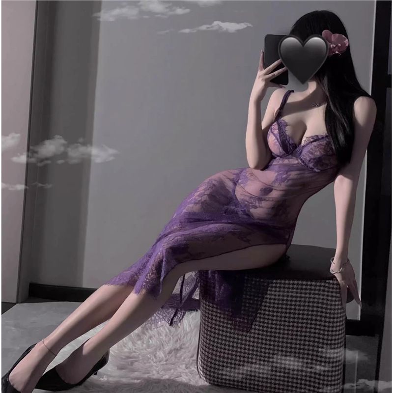 Purple erotic lingerie suspender pajama women's set sexy transparent lace uniform tempting slit long skirt small chest outfit