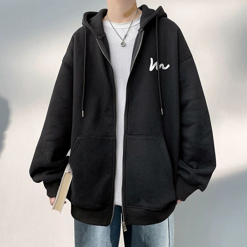 Creative American heavy weight student cardigan sweater men's autumn and winter new hooded jacket coat loose trend simple