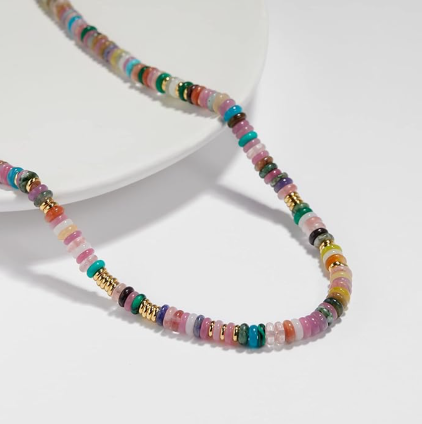 Boho Beaded Choker Necklace for Women, Gemstone Choker Natural Stone Freshwater Pearl Surfer Necklaces 18K Gold Plated Summer Beach Handmade Jewelry Rainbow One size