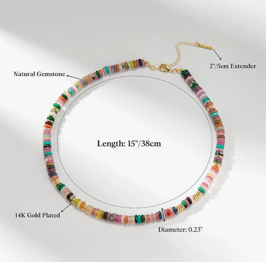 Boho Beaded Choker Necklace for Women, Gemstone Choker Natural Stone Freshwater Pearl Surfer Necklaces 18K Gold Plated Summer Beach Handmade Jewelry Rainbow One size