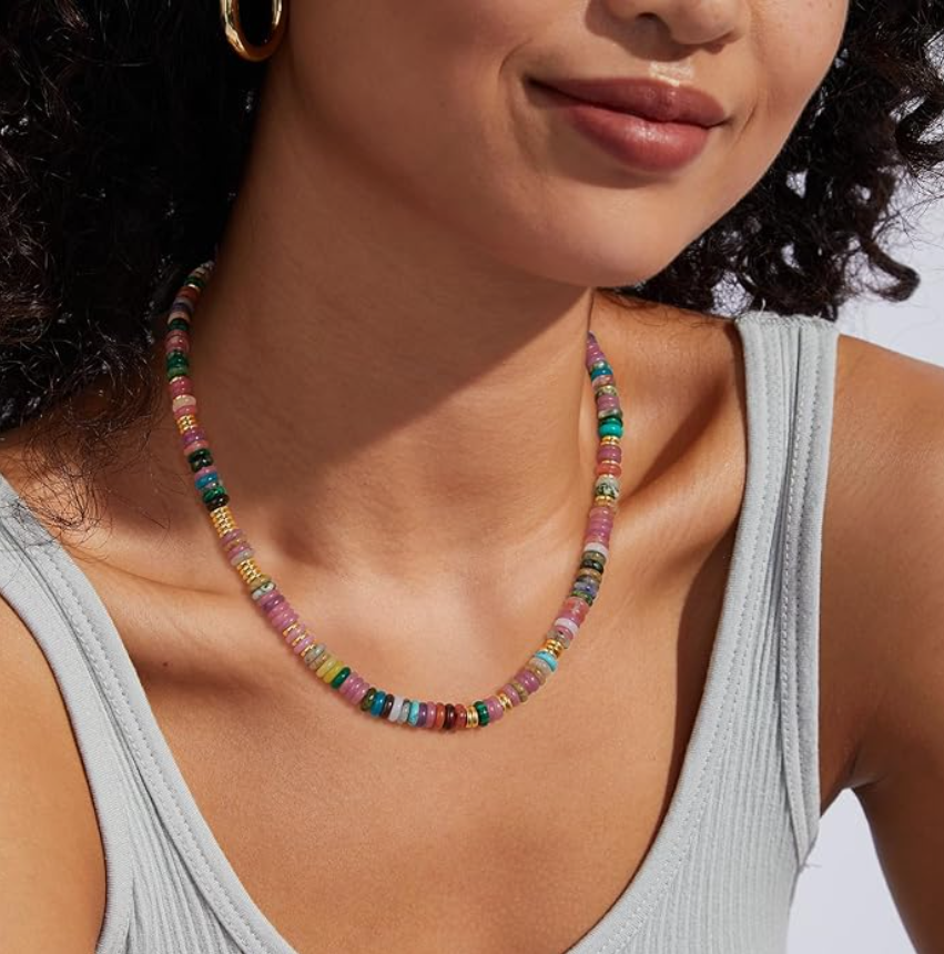 Boho Beaded Choker Necklace for Women, Gemstone Choker Natural Stone Freshwater Pearl Surfer Necklaces 18K Gold Plated Summer Beach Handmade Jewelry Rainbow One size