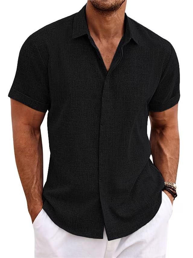 men's linen short sleeve t-shirt loose undershirt solid color short sleeve cotton and linen shirt men's beach plus size men's short sleeve shirt Black S
