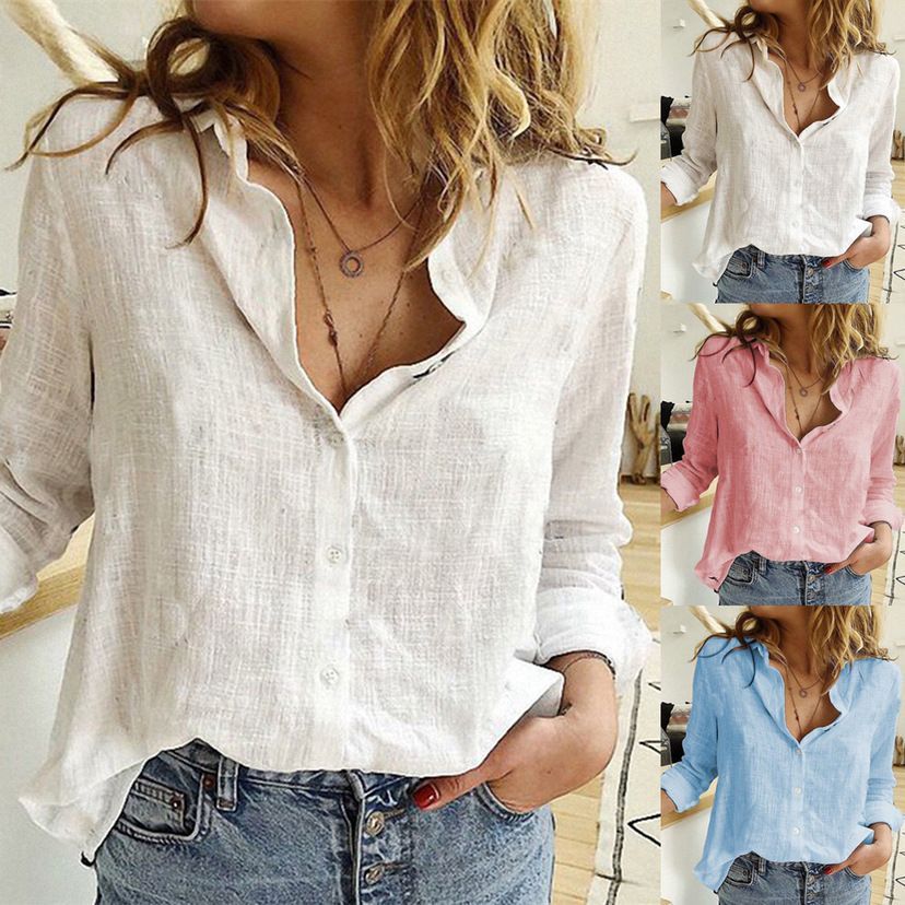 2025 Spring and Autumn Amazon Amazon eBay Europe and America Pure Color Casual Loose Long Sleeve Linen Shirt in Stock